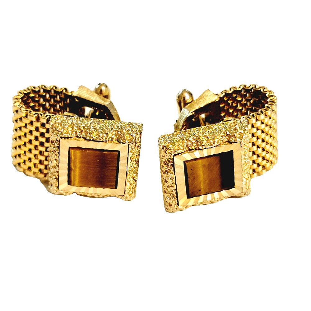 Vintage Fancy Cuff Links Faux Tigerβ Eye Gold-tone Elegant Square Cufflinks cl-